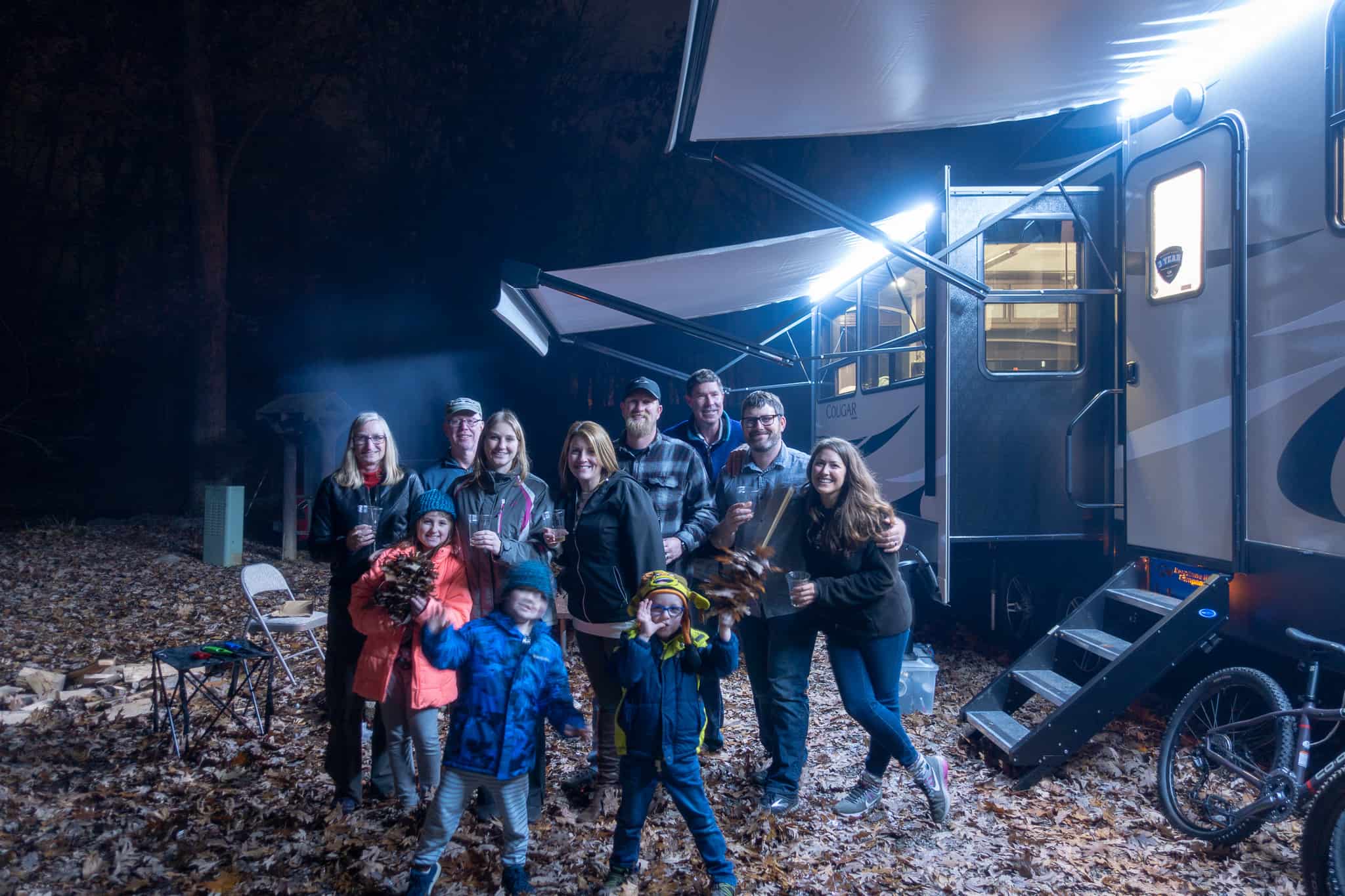 Taking a family photo with our RV at Jellystone