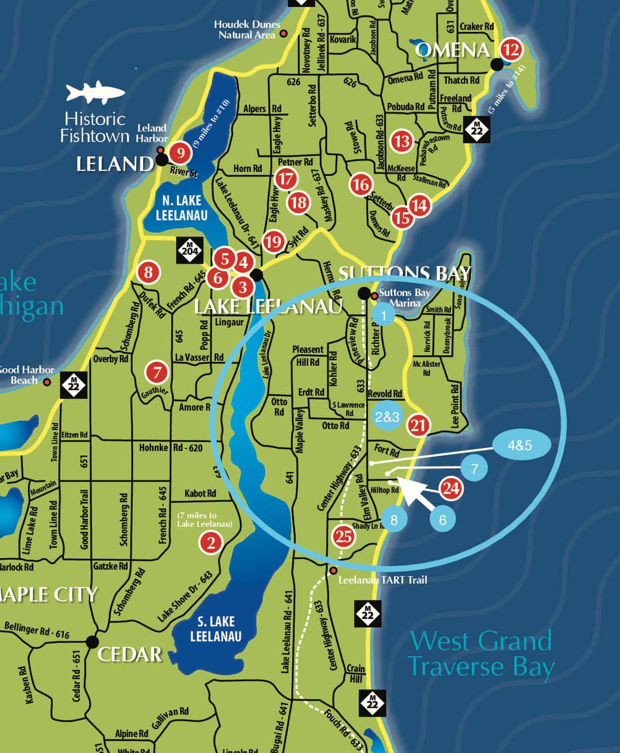 Zoomed in Leelanau Peninsula Wine Trail Tours Map for DIY Bike-n-Ride Trip in Traverse City