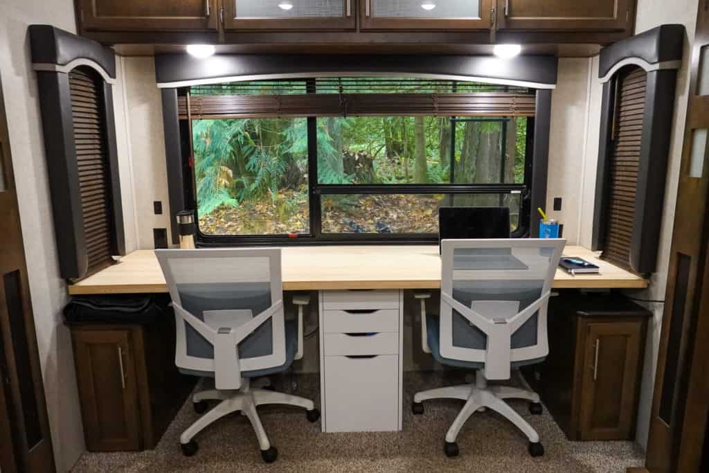 full-time RV living desk renovation with office chairs