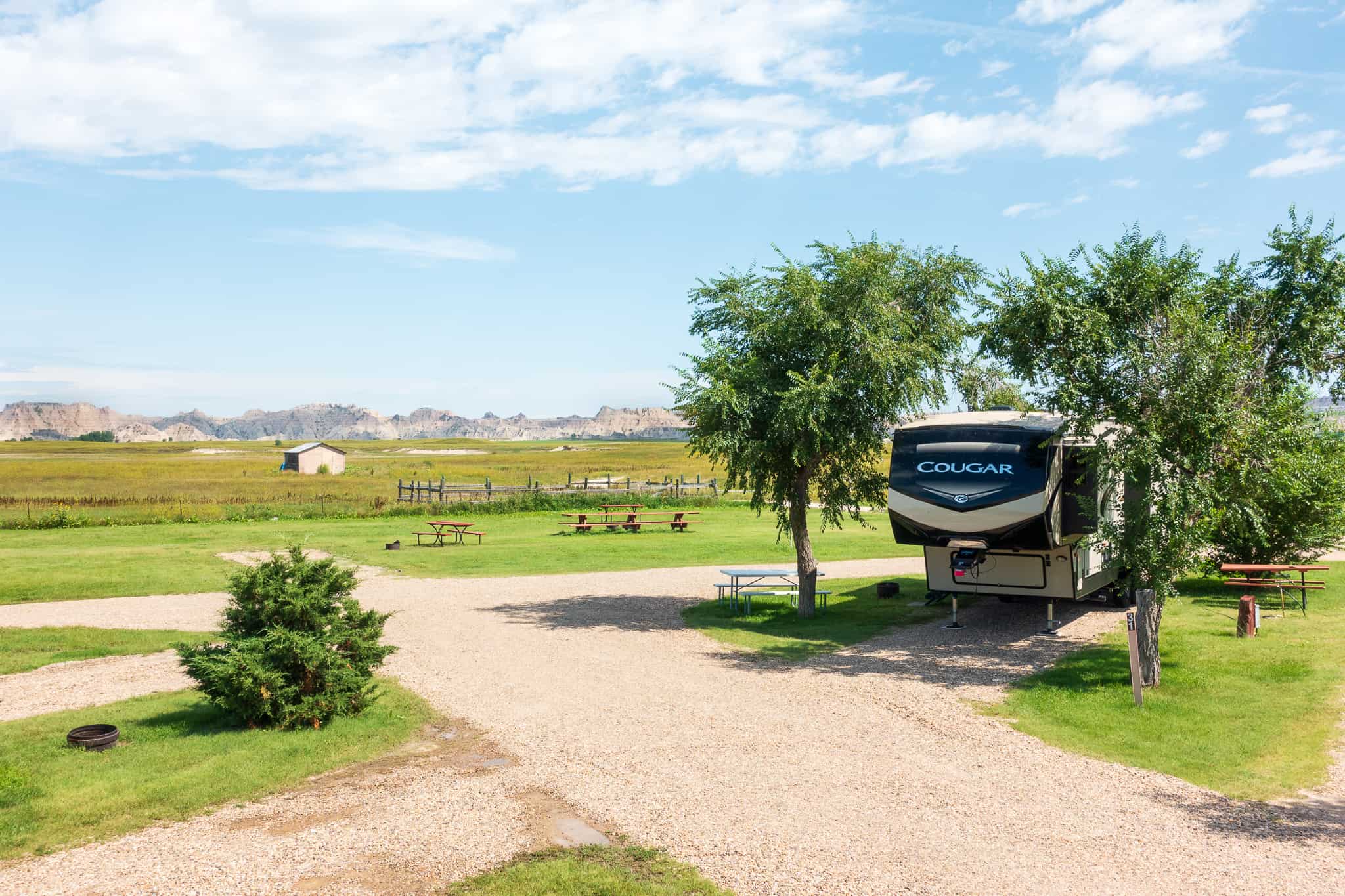 The camper parked outside of Badlands National Park