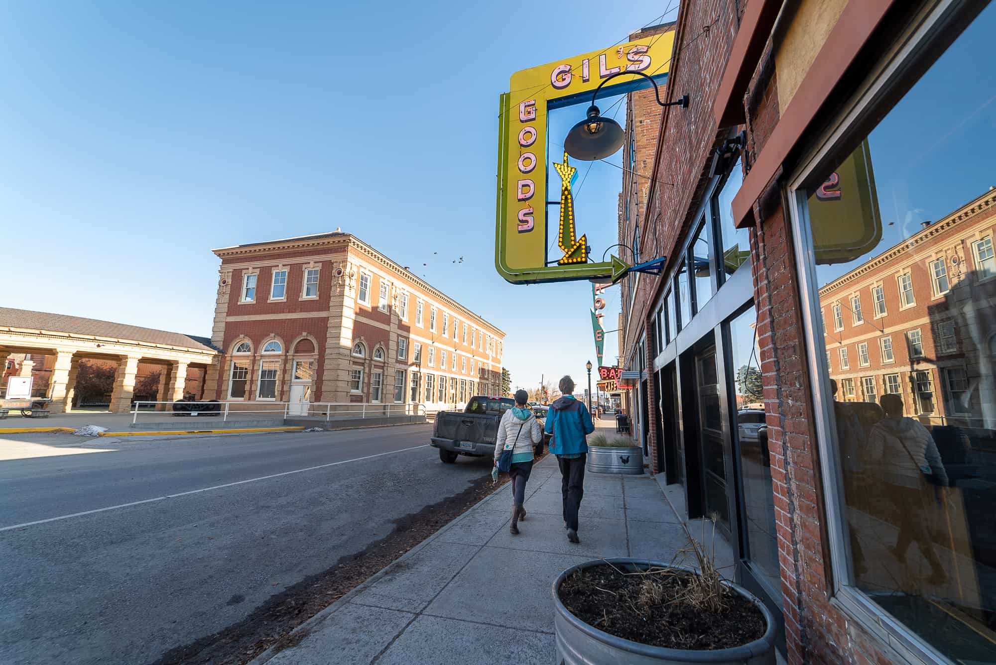 Two people walking in Livingston, Montana