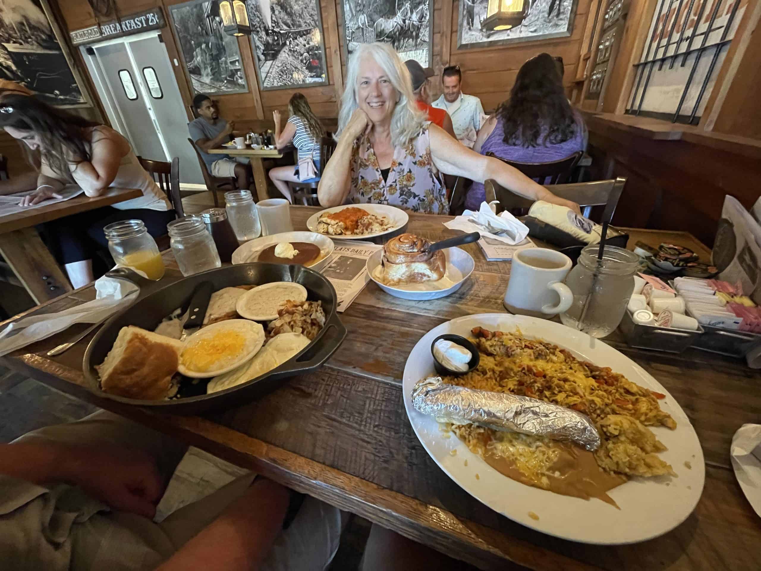 My mom eating with us at Crockett's Breakfast Camp right outside of Great Smoky Mountains National Park