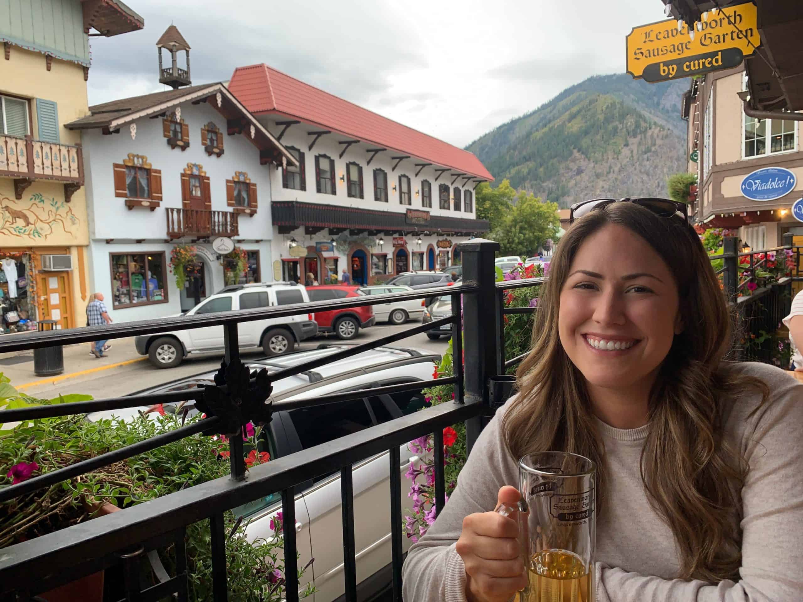 Cindy enjoying a drink in Leavenworth, Washington.