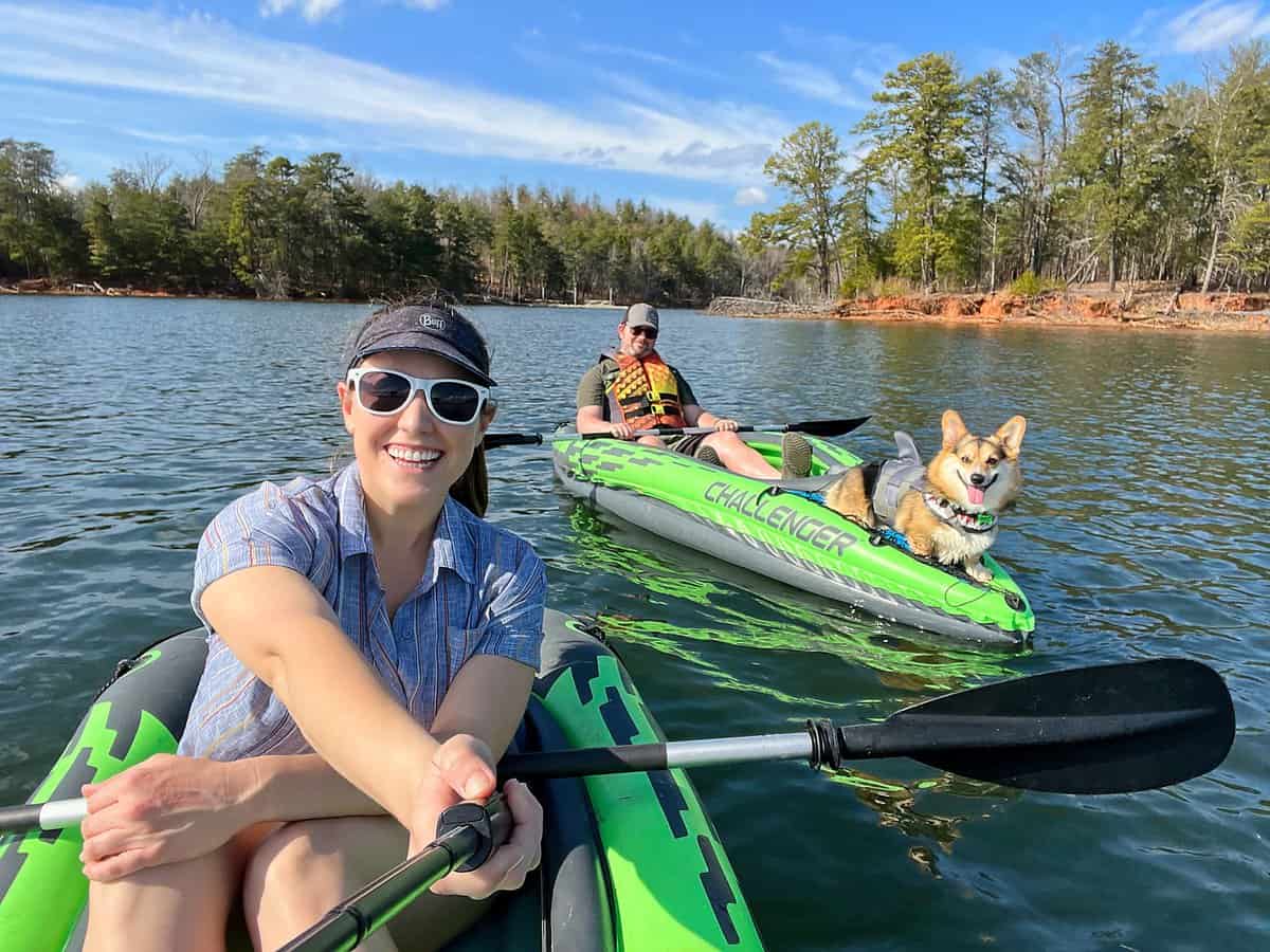 car camping necessities: Cindy, Barrett, and Marty enjoying inflatable kayaks