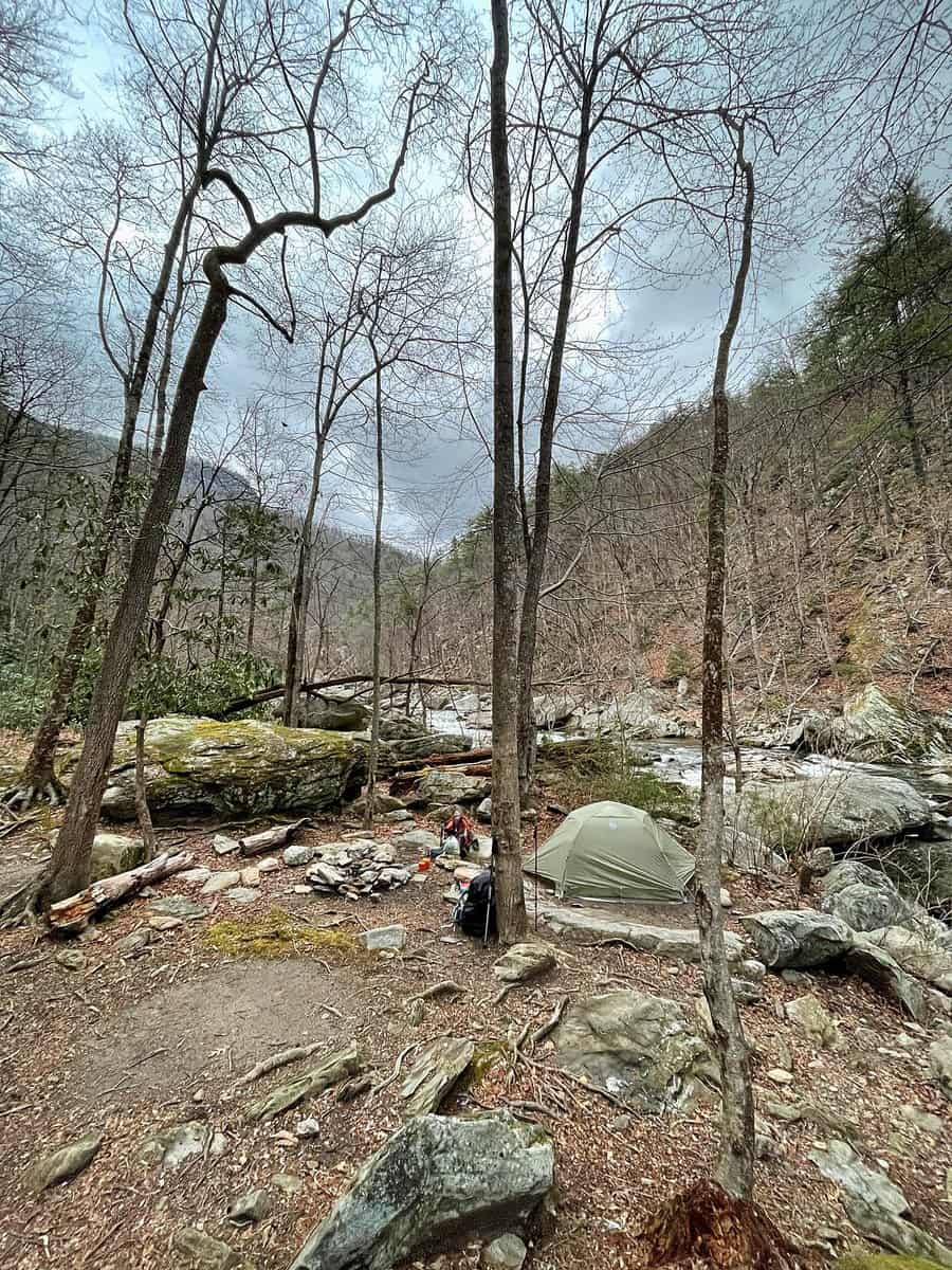 Our backpacking tent set up in the wilderness