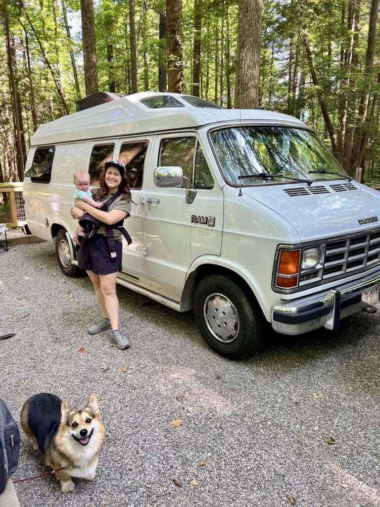 Cindy, Ripley, and Marty in front of a Class B motorhome roadtrek