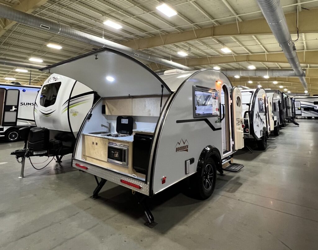 A teardrop trailer RV