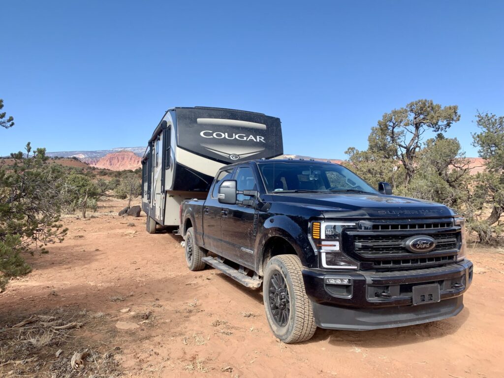 Truck and RV boondocking outside of Capitol Reef National Park